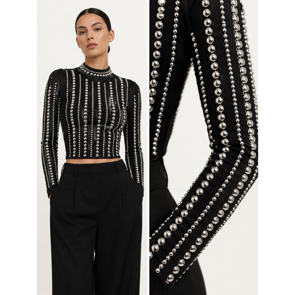 LC Lizette Collection Black Silver Dome Studded Crop Top Sz M Y2K Maximalist